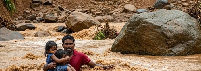 “වතුර එනකොට අපි දුවලා ගියේ වැසිකිළිය උඩට… මගේ නහයටම වතුර ආවා.. මහත්තයා අත ඇරියේ නෑ..” හාස්කමකින් වගේ දිවි බේරුණ ඔවුන් කියන කතාව